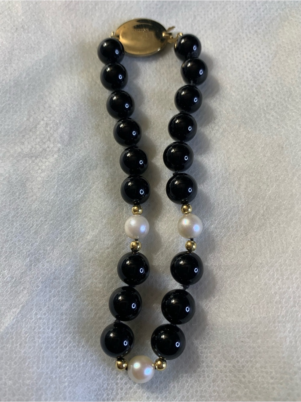 Jostens -Black Onyx Beads, Sterling Clasp, Real Pearl Bracelet with Gold accent